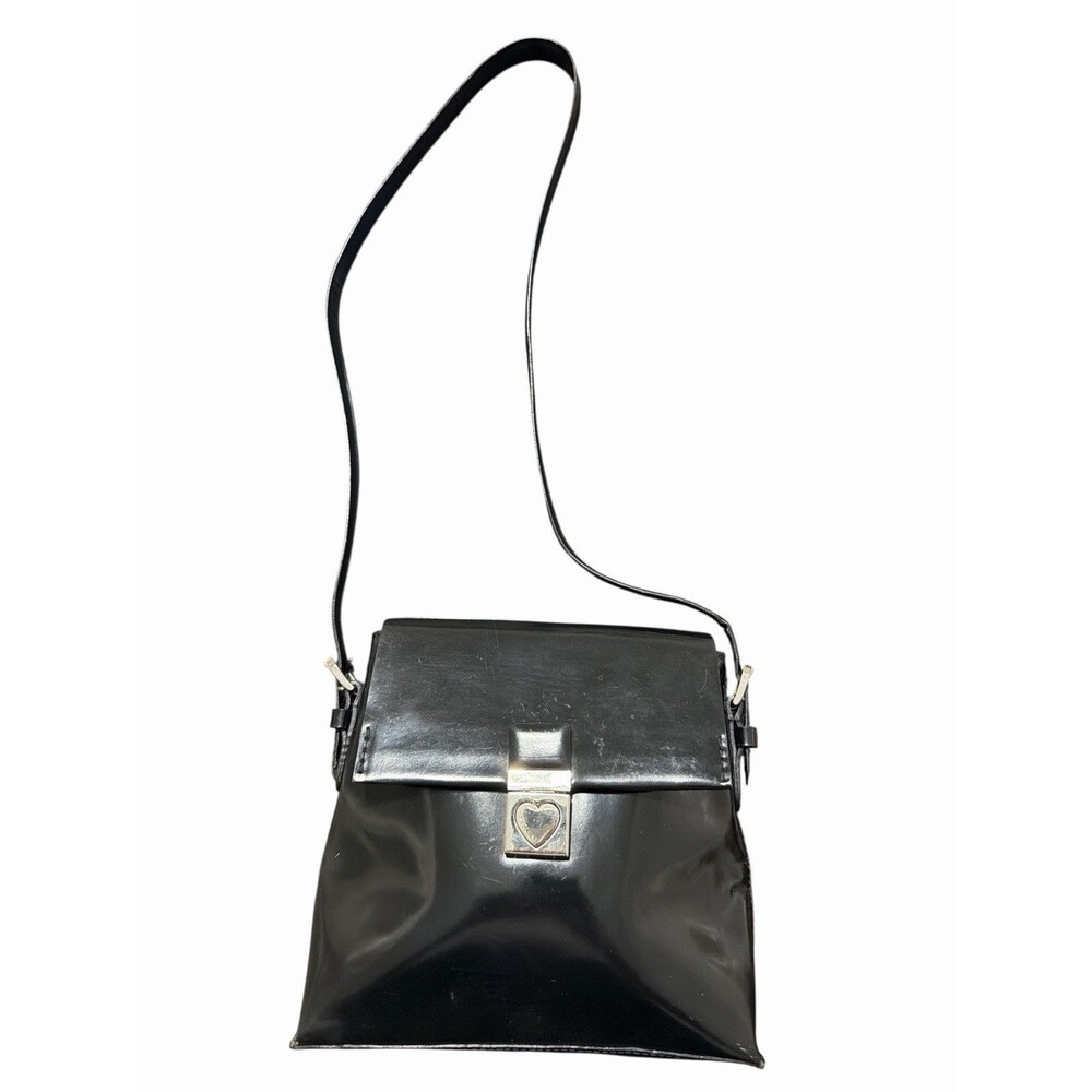 Moschino Black Shoulder Bag Heart Lock Patent Leather Designer‎ Vintage Chic Y2K